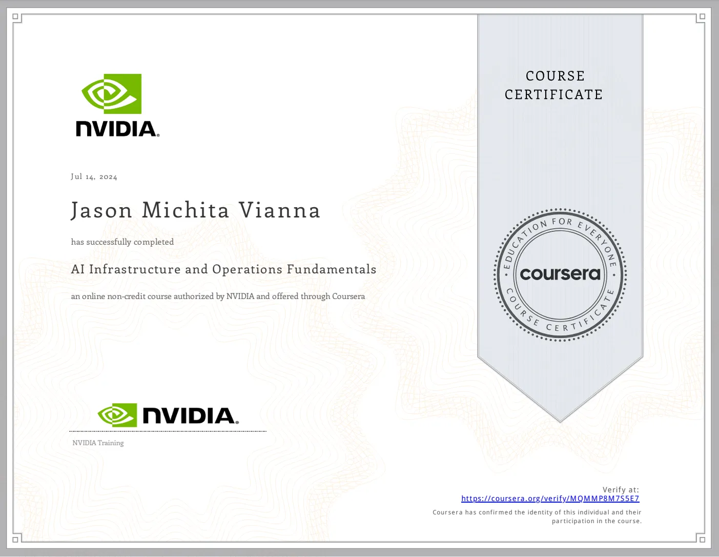 AI Infrastructure and Operations Fundamentals credential from NVIDIA