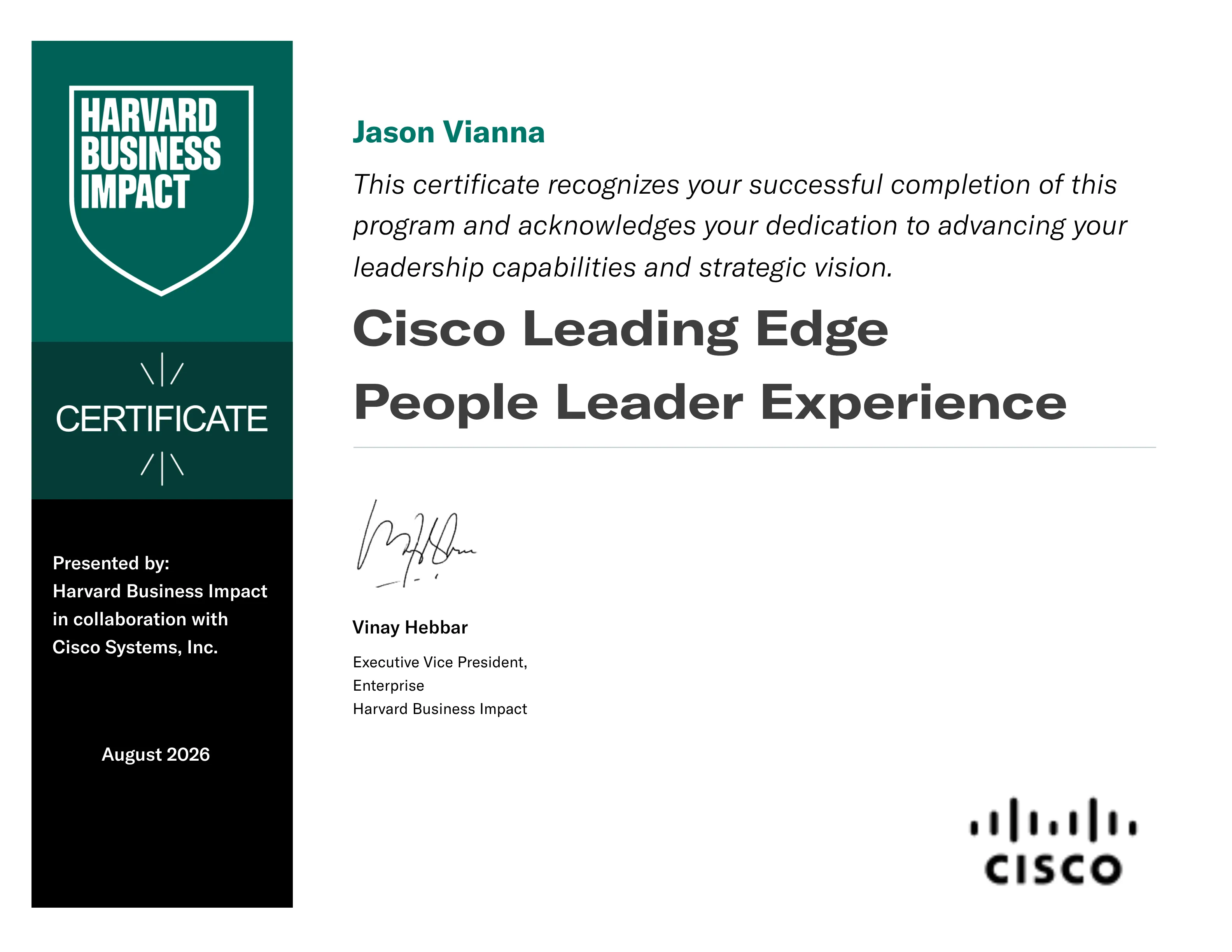 Cisco Leading Edge People Leader Experience credential from Cisco and Harvard Business Impact