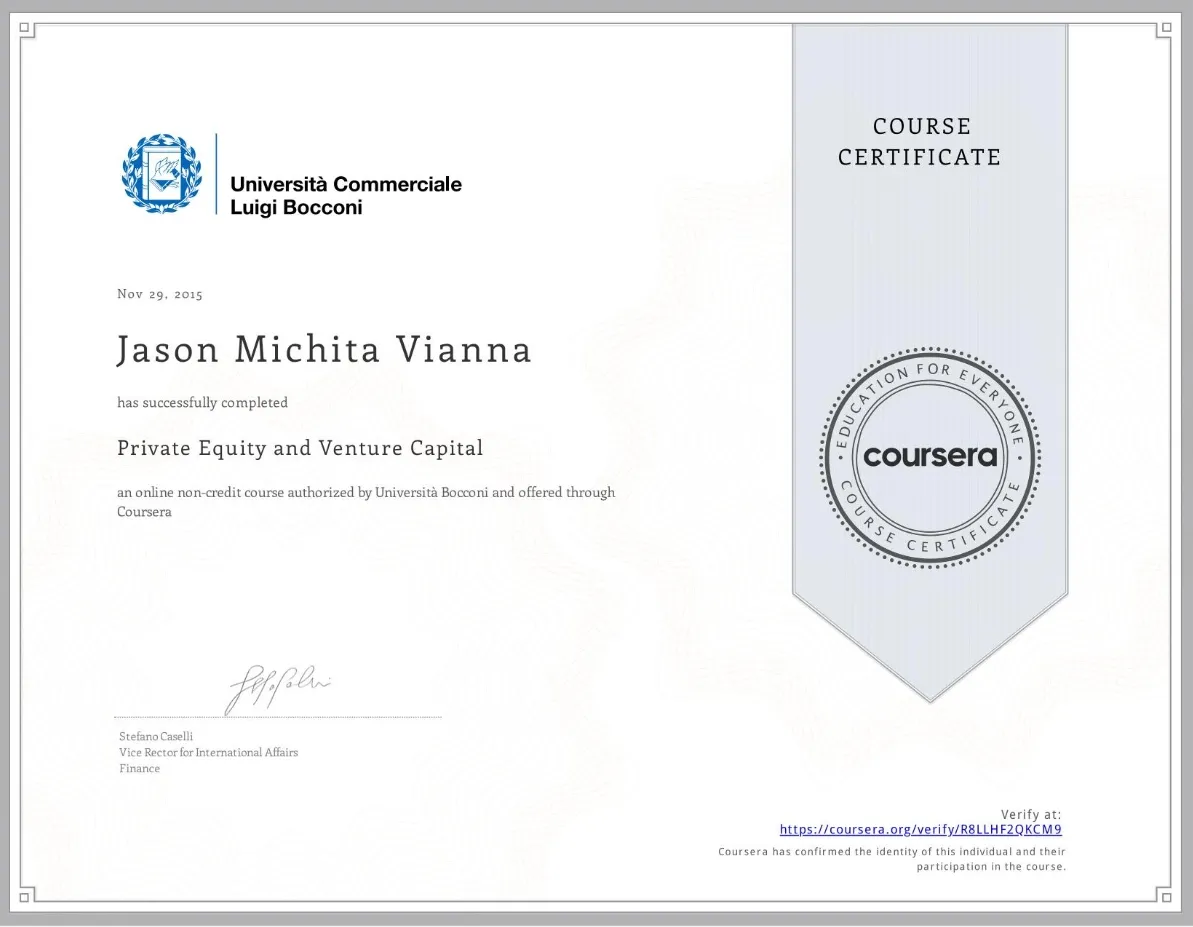 Private Equity and Venture Capital credential from Universita Bocconi